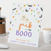 ブーのハロウィーンの赤ちゃんシャワーのウェルカムサインを覗く 台座サイン (インサイチュ)