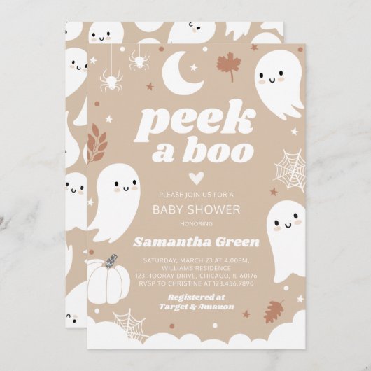 ブーのハロウィーンの赤ちゃんシャワーを覗く 招待状 (正面/裏面)