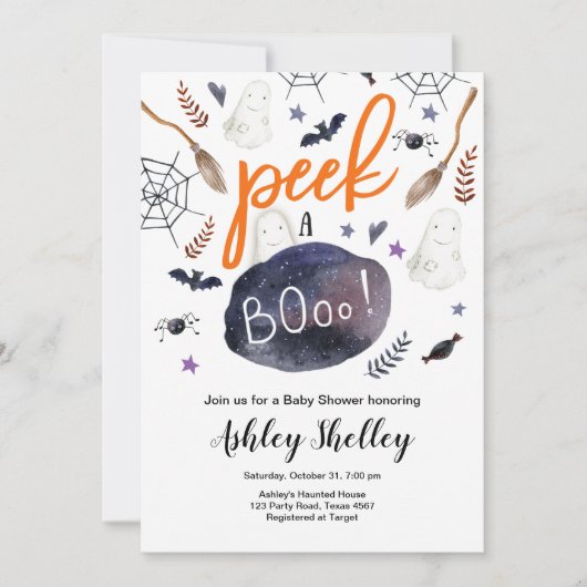 ブーのハロウィーンの赤ちゃん男女兼用のシャワーを覗く 招待状 (正面)