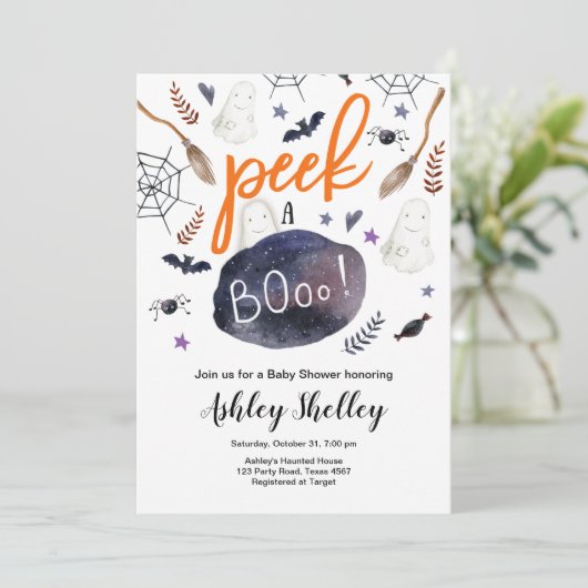 ブーのハロウィーンの赤ちゃん男女兼用のシャワーを覗く 招待状 (スタンド正面)