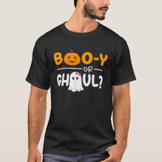 ブーイまたはグールジェンダーがハロウィーンの赤ちゃんシャワーを明らかにする Tシャツ