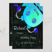 ブーイングの青いロボット誕生日愛らしいかいま見 招待状 (正面/裏面)