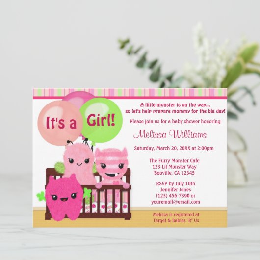 ブーイングモンスターの女の子のベビーシャワーの招待をかいま見て下さい 招待状 (スタンド正面)