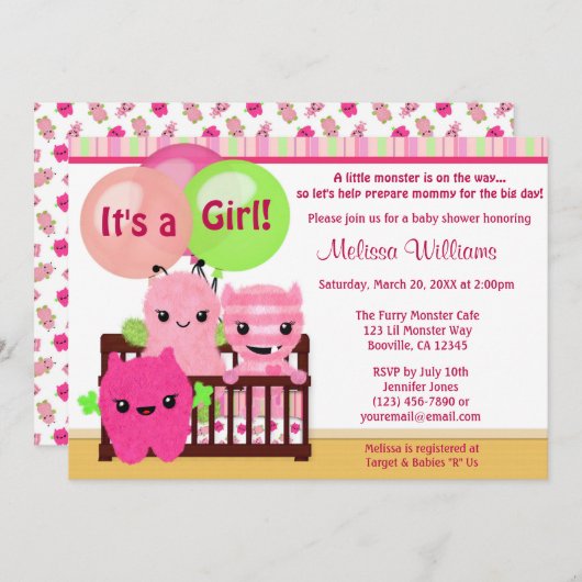 ブーイングモンスターの女の子のベビーシャワーの招待をかいま見て下さい 招待状 (正面/裏面)