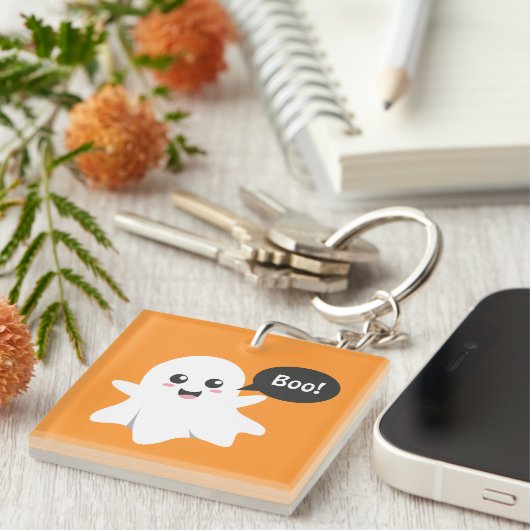 ブーイング行くかわいい幽霊、ハッピーハローウィン キーホルダー (正面右)