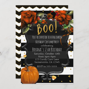 ブーイング! 白黒のストライプのなバラ及びカボチャハロウィン 招待状