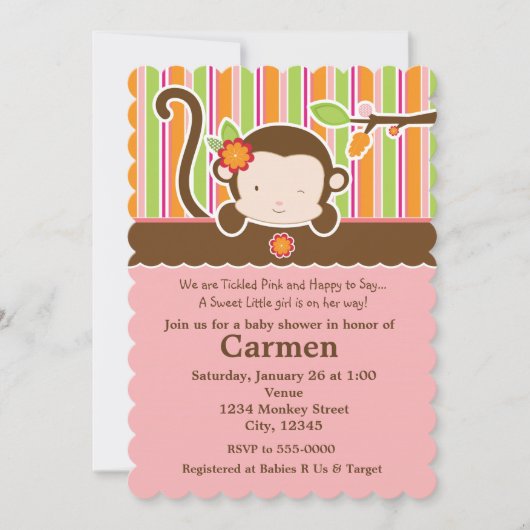 ブーガールモンキーベビーシャワー招待状 招待状 (正面)