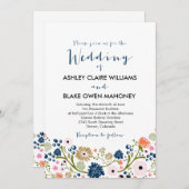 ブーケかわいらしフローラ結婚式招待状ネイビー 招待状 (正面/裏面)