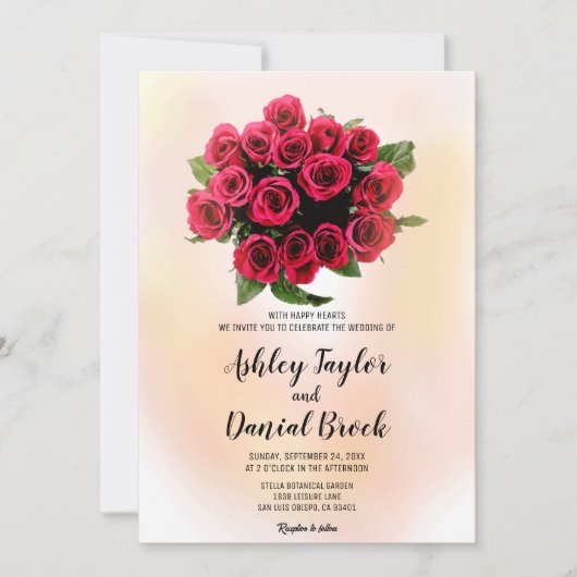 ブーケの水色赤面赤いバラのフローラ 招待状 (正面)