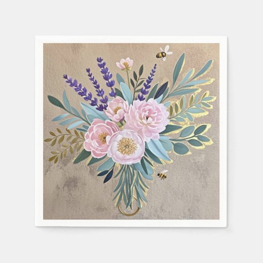 ブーケの芍薬 ラベンダー 花 ラスティック スタンダードカクテルナプキン (正面)