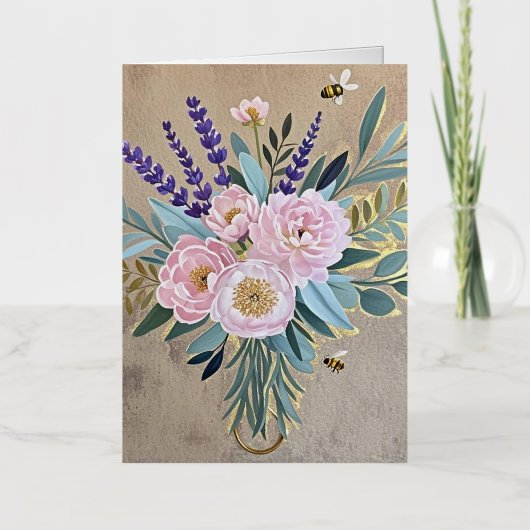 ブーケの芍薬 ラベンダー 花 ラスティック 箔グリーティングカード (正面)