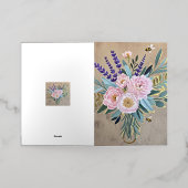 ブーケの芍薬 ラベンダー 花 ラスティック 箔グリーティングカード (外側レイダウン)
