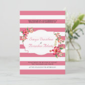 ブーケエレガントスの付いたピストライプンクと白の結婚 招待状 (スタンド正面)