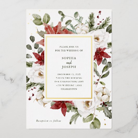 ブーケエレガントー |クリスマス結婚休暇の金ゴールド 箔招待状 (正面)