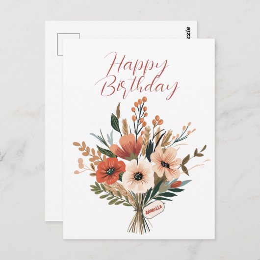 ブーケオブフラワーズ名前をカスタムするハッピーバースデー ポストカード (正面/裏面)