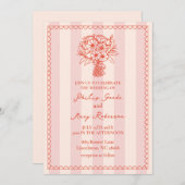 ブーケスカロップピンクストライプ色トロピカル 招待状 (正面/裏面)