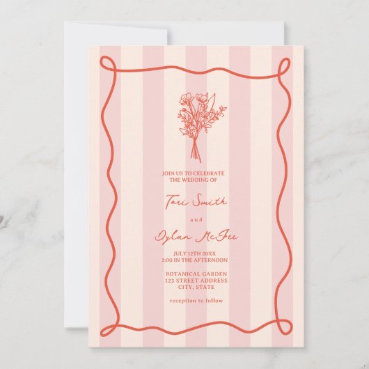 ブーケスワールピンクストライプク結婚ズ 招待状 (正面)