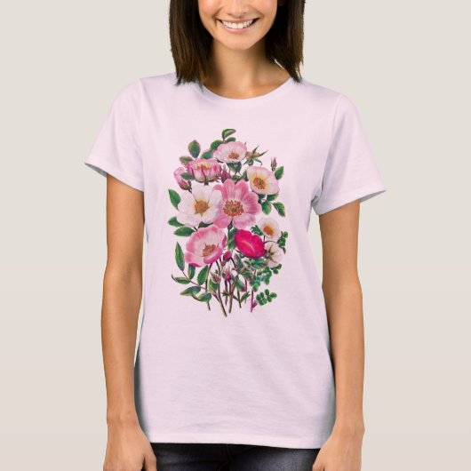 ブーケピンク&ホワイトワイルドバラ花 Tシャツ (正面)