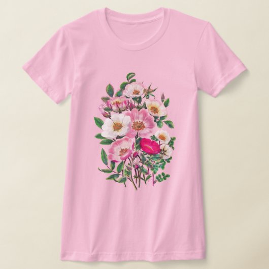ブーケピンク&ホワイトワイルドバラ花 Tシャツ (レイダウン)
