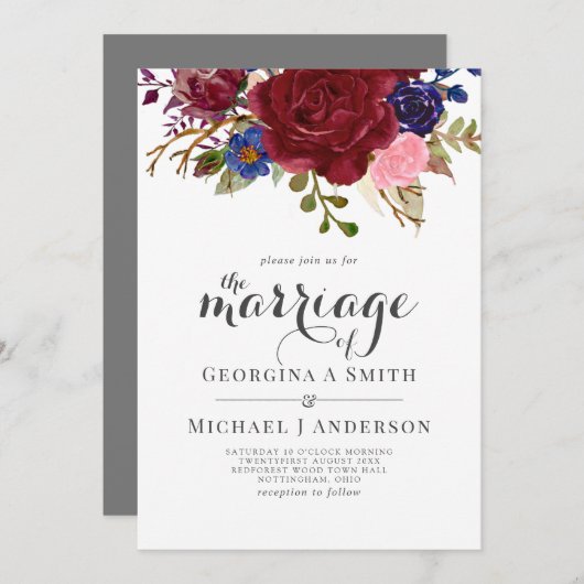 ブーケブルガンディブルーピンク結婚の花 招待状 (正面/裏面)