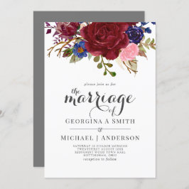 ブーケブルガンディブルーピンク結婚の花 招待状