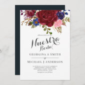 ブーケブルゴーニュフローラネイビーブルーPInkカップル 招待状 (正面/裏面)