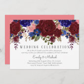 ブーケマルサラネイビーブルーピンク結婚フローラ 招待状 (正面/裏面)