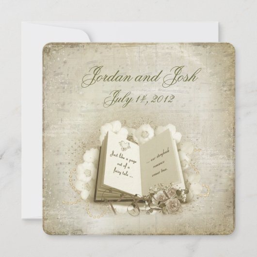 ブーケ付きのヴィンテージのウェディングブック 招待状 (正面)