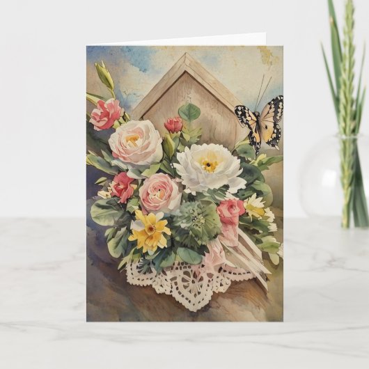 ブーケ及び蝶誕生日カード サンキューカード (正面)