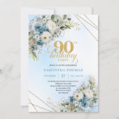 ブーケ風ダスティブルーの花とゴールドの90歳の誕生日 招待状 (正面)