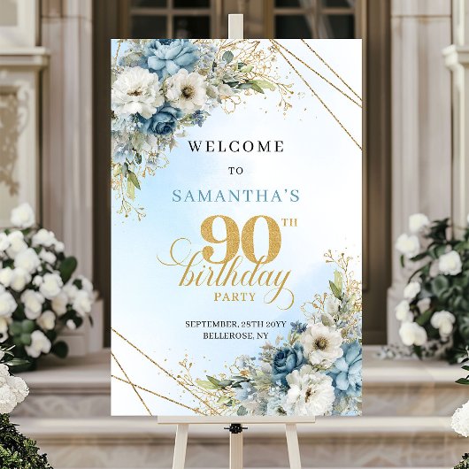 ブーケ風ダスティブルーゴールドの90歳の誕生日ウェルカム ポスター