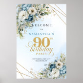 ブーケ風ダスティブルーゴールドの90歳の誕生日ウェルカム ポスター (正面)