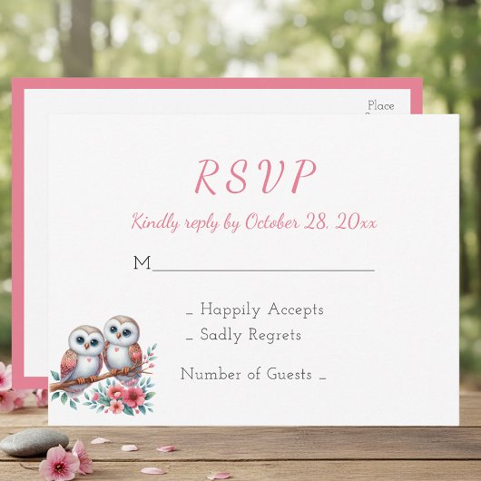 ブーケ風ナチュラルな森のフクロウの結婚式RSVP ポストカード