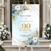 ブーケ風ブルーの花々 ゴールドフレーム 90歳の誕生日 ポスター