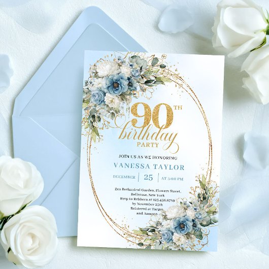 ブーケ風ブルー＆ホワイトの花柄 90歳の誕生日 招待状