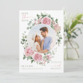 ブーケ ブリザード フラワー ピオニーとバラの写真付き Save The Date 招待状 (スタンド正面)
