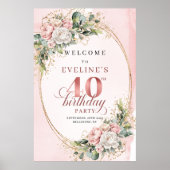 ブーケ ブロッシュ ピンクの花 40歳の誕生日ウェルカム ポスター (正面)