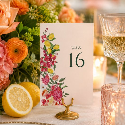 ブーゲンビリアとレモンの花のピンクの結婚式 テーブルナンバー