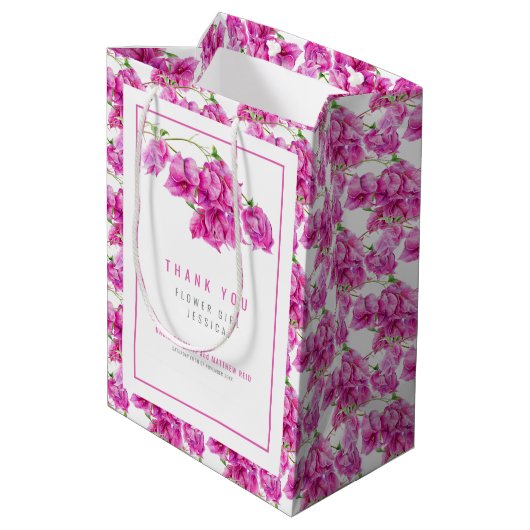 ブーゲンビリアのピンクの水色結婚式の引き出物バッグ ミディアムペーパーバッグ (裏面アングル)