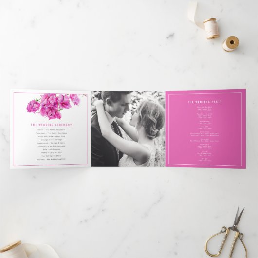 ブーゲンビリアのピンクの花 水彩 結婚式 トリ- 三つ折りプログラム (内部)