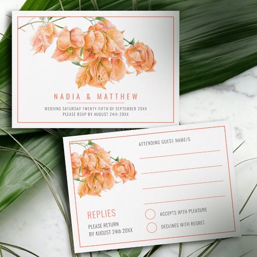 ブーゲンビリアの水色のサンゴ結婚オレンジ 出欠カード