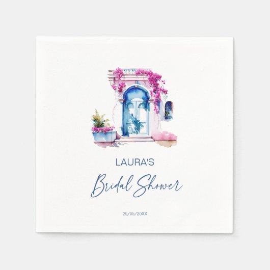 ブーゲンビリアをテーマにした地中海風のブライズシャワー スタンダードカクテルナプキン (正面)