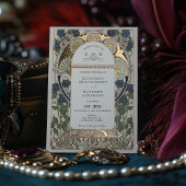 ブーゲンビリア海軍ブルー結婚金ゴールドズアールヌーボー 箔招待状