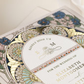 ブーゲンビリア海軍ブルー結婚金ゴールドズアールヌーボー 箔招待状