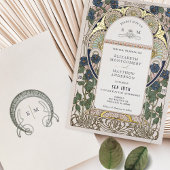 ブーゲンビリア海軍ブルー結婚金ゴールドズアールヌーボー 箔招待状