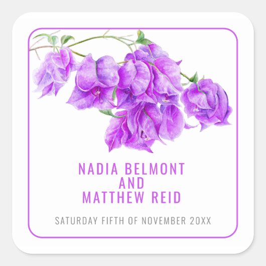 ブーゲンビリア紫色の水彩結婚式の引き出物 スクエアシール (正面)