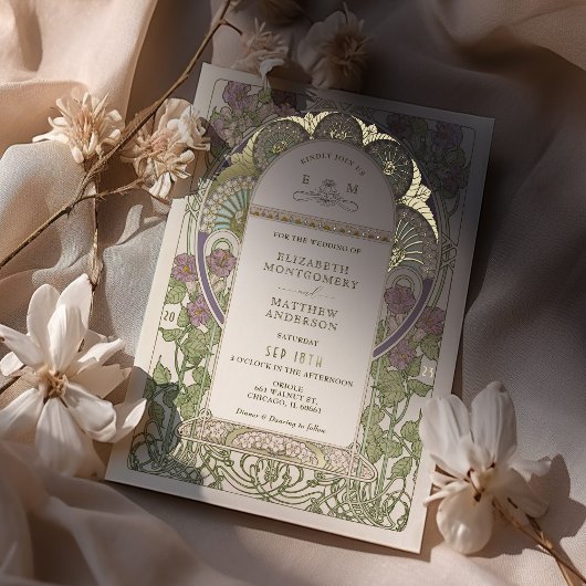 ブーゲンビリア薄紫結婚金ゴールドアールヌーボーミュシャ 箔招待状