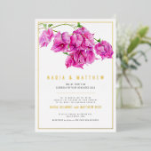 ブーゲンビリア金ゴールドピンク紫の結婚水色 箔招待状 (立ち正面)