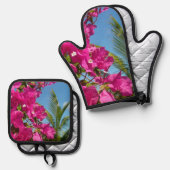 ブーゲンビリア&パームツリートロピカル自然シーン 鍋つかみ&鍋敷きセット (正面/裏面)