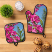 ブーゲンビリア&パームツリートロピカル自然シーン 鍋つかみ&鍋敷きセット (トップダウン)